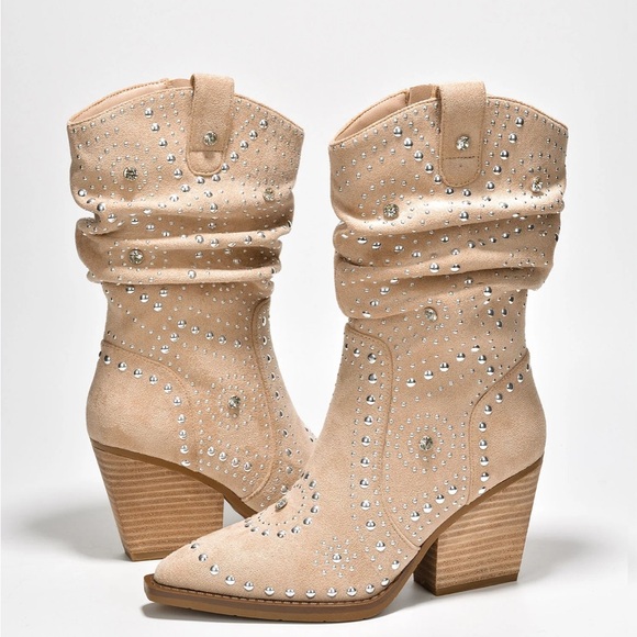 NWOT Cape Robbin Roya Rhinestone Suede Slouch Ankle Booties - Beige - Picture 2 of 12